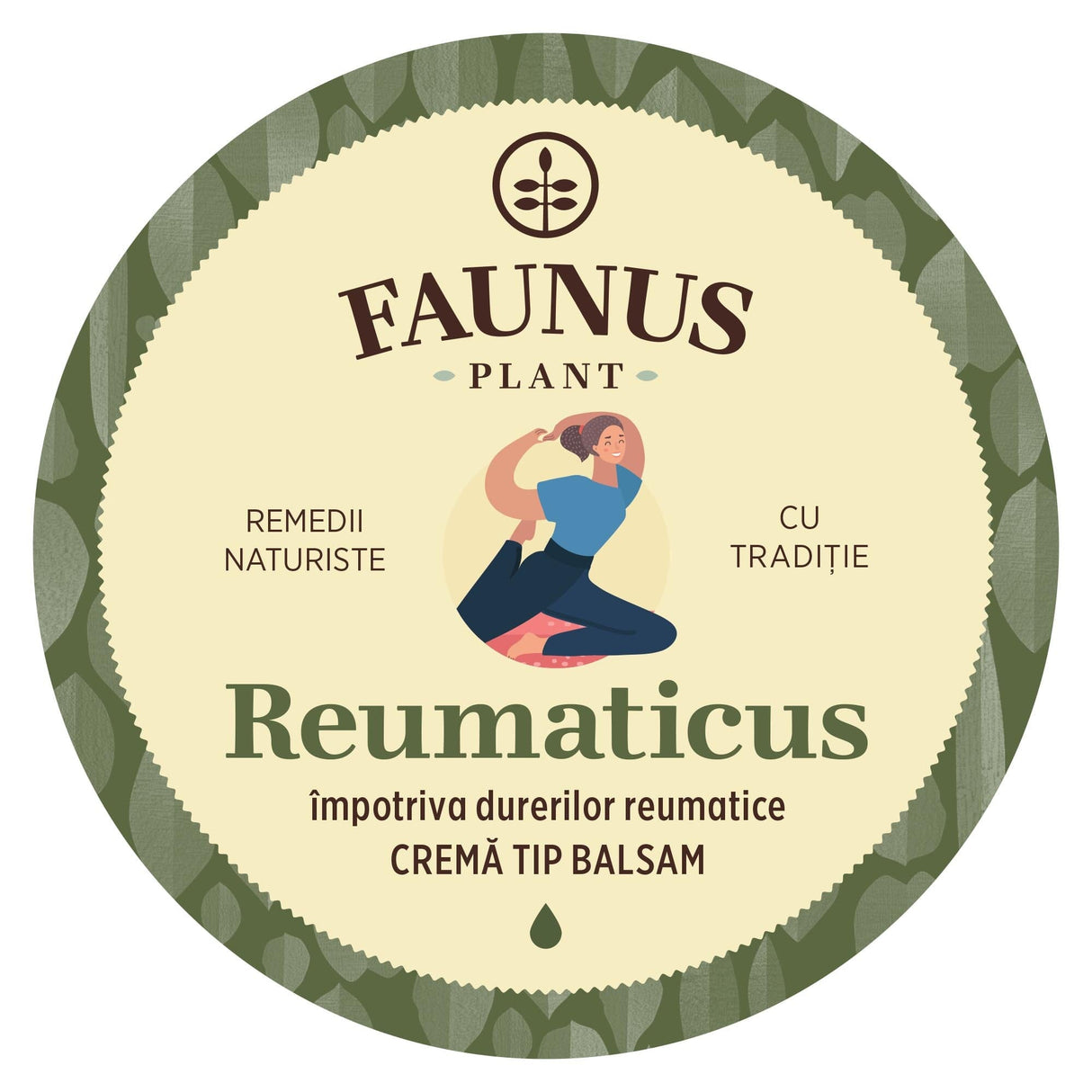 Imagine cu eticheta de pe capacul Unguentului Reumaticul 100ml de la Faunus Plant care arată logo Faunus Plant, o reprezentare grafică a unei persoane flexibile, numele produsului, apoi cărei afecțiuni i se adresează, dar și menționarea faptului că unguentul este o cremă de tip balsam.