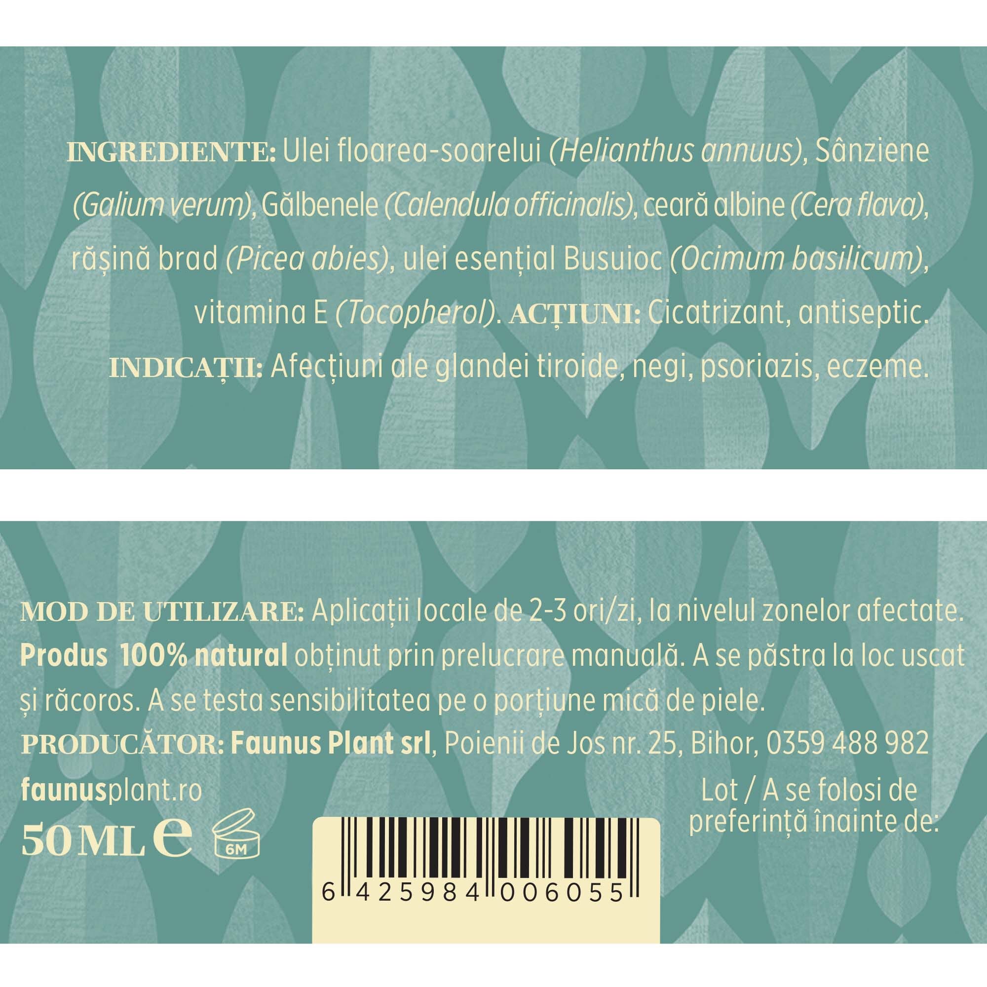Etichetă desfășurată cu ingredientele Unguentului Tiroidianus 50 ml de la Faunus Plant, indicații, mod de administrare, condiții de păstrare și detalii despre producător.