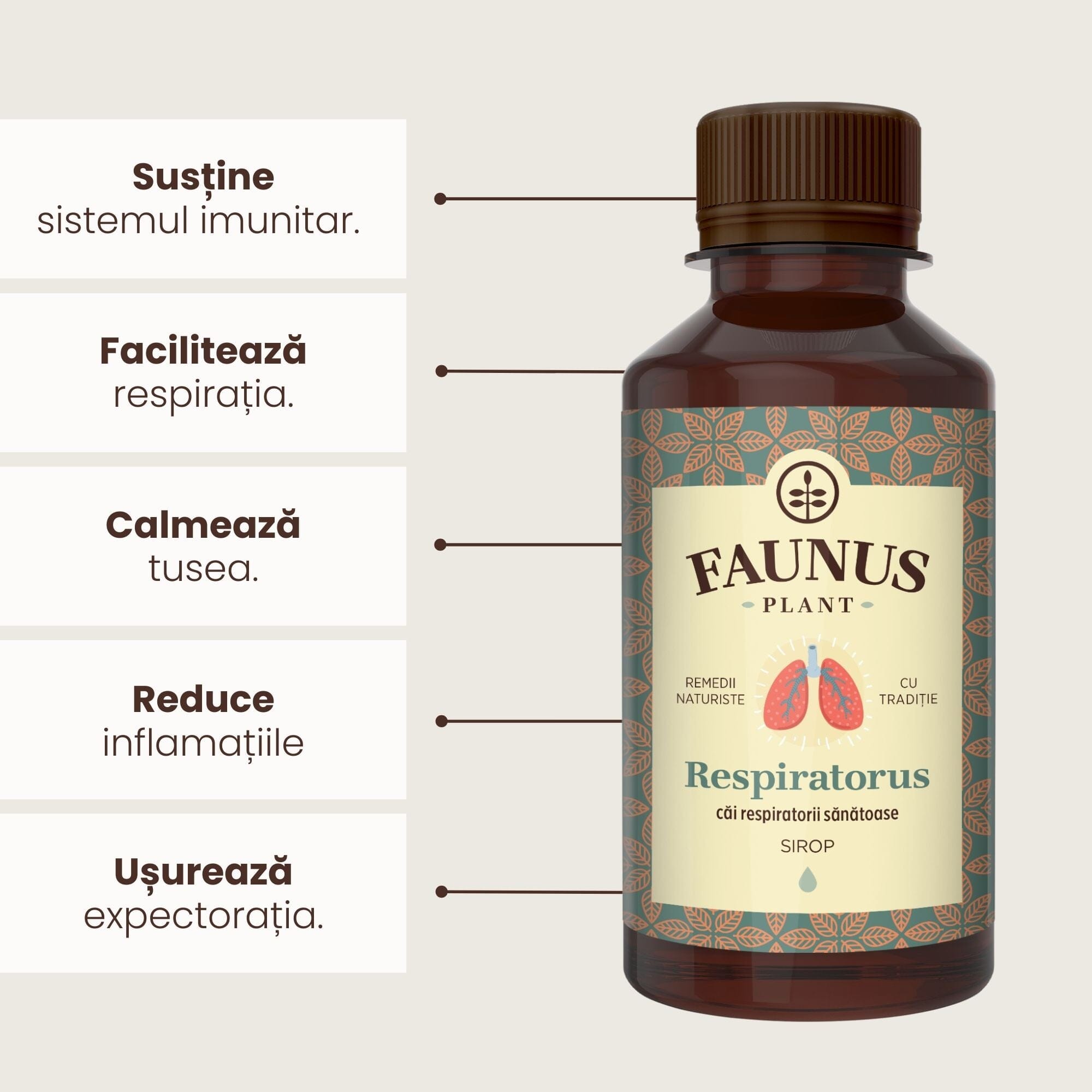 Beneficiile principale ale Siropului Respiratorus de 200ml de la Faunus Plant: susține sistemul imunitar, facilitează respirația, calmează tusea,reduce inflamația, ușurează expectorația