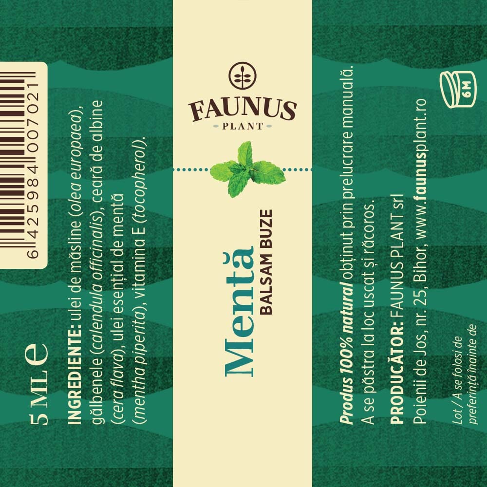 Eticheta desfășurată a Balsamului de Buze Lavandă de la Faunus Plant cu ingrediente, condiții de păstrare și informații producător, pe fundal verde.