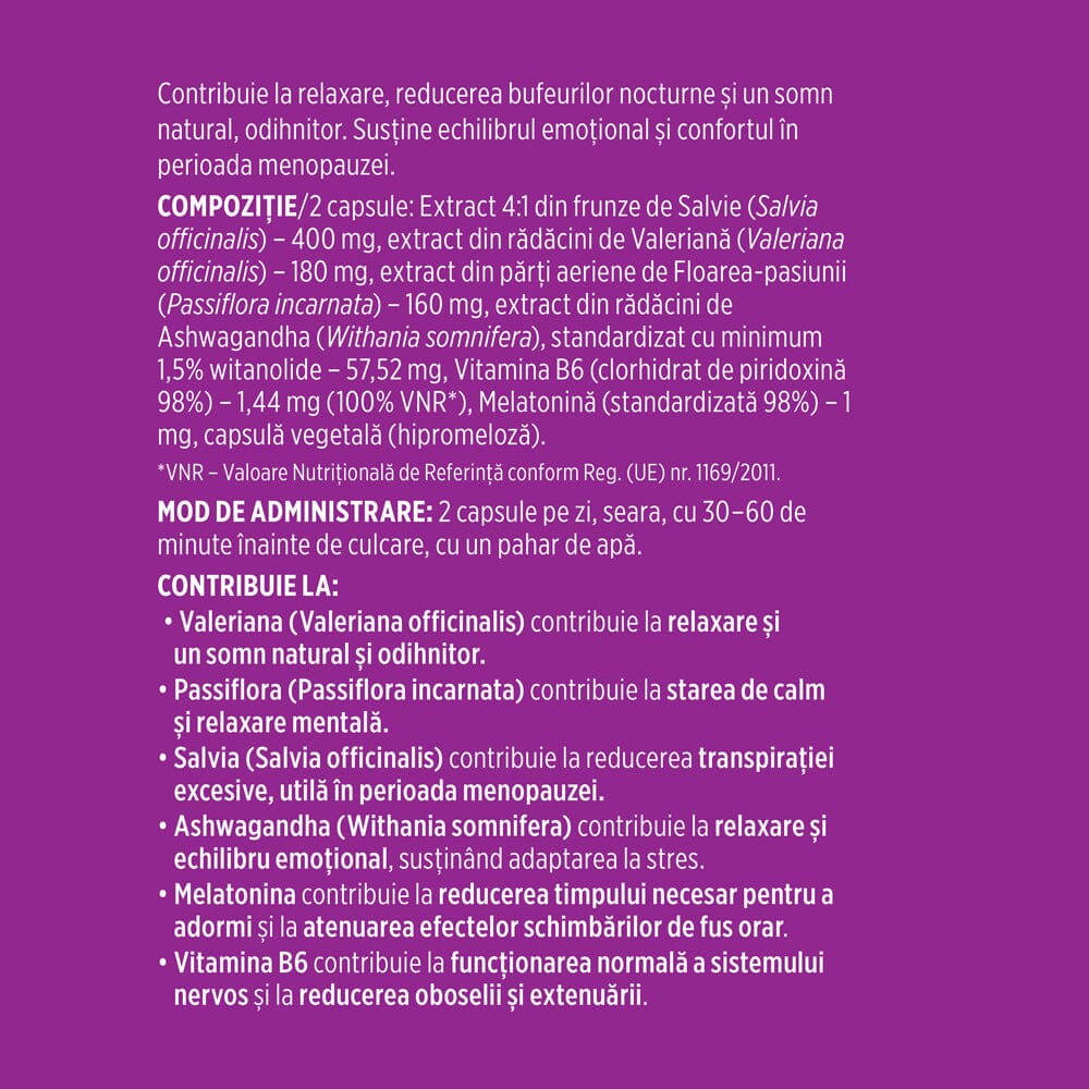 Etichetă desfășurată stânga pentru capsule Calmenor Noapte de la Faunus Plant, cu ingrediente, mod de administrare și beneficii.