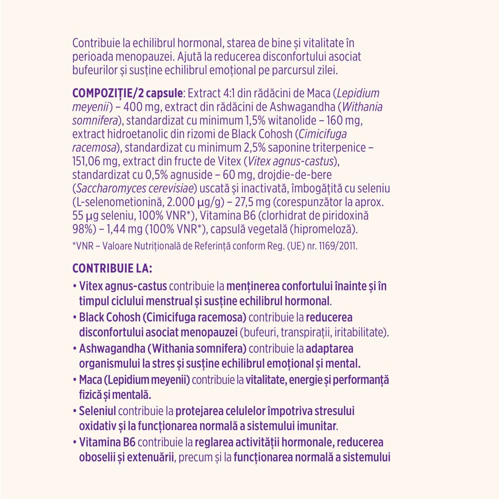 Etichetă desfășurată stânga pentru capsule Calmenor Zi de la Faunus Plant, cu ingrediente detaliate și beneficii.