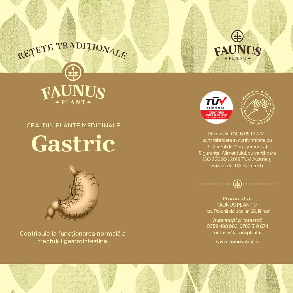 Etichetă detaliată cu fața cutiei a Ceaiului Gastric 180g Faunus Plant, cu informații despre producător și certificarea ISO 22000 TÜV Austria.