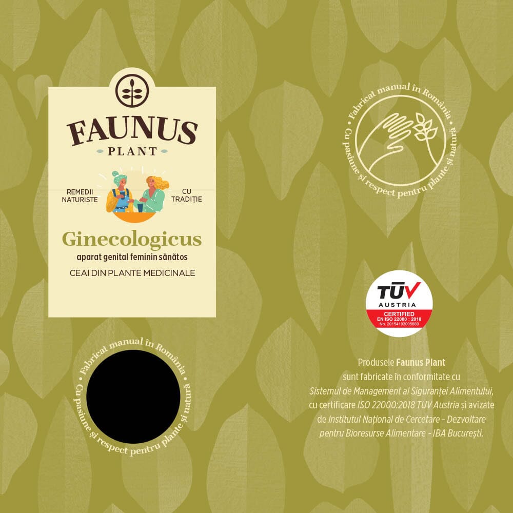 Etichetă desfășurată a Ceaiului Ginecologicus 90g de la Faunus Plant, vedere frontală, cu logo-ul și certificarea TÜV Austria, garantând siguranța și calitatea produsului.