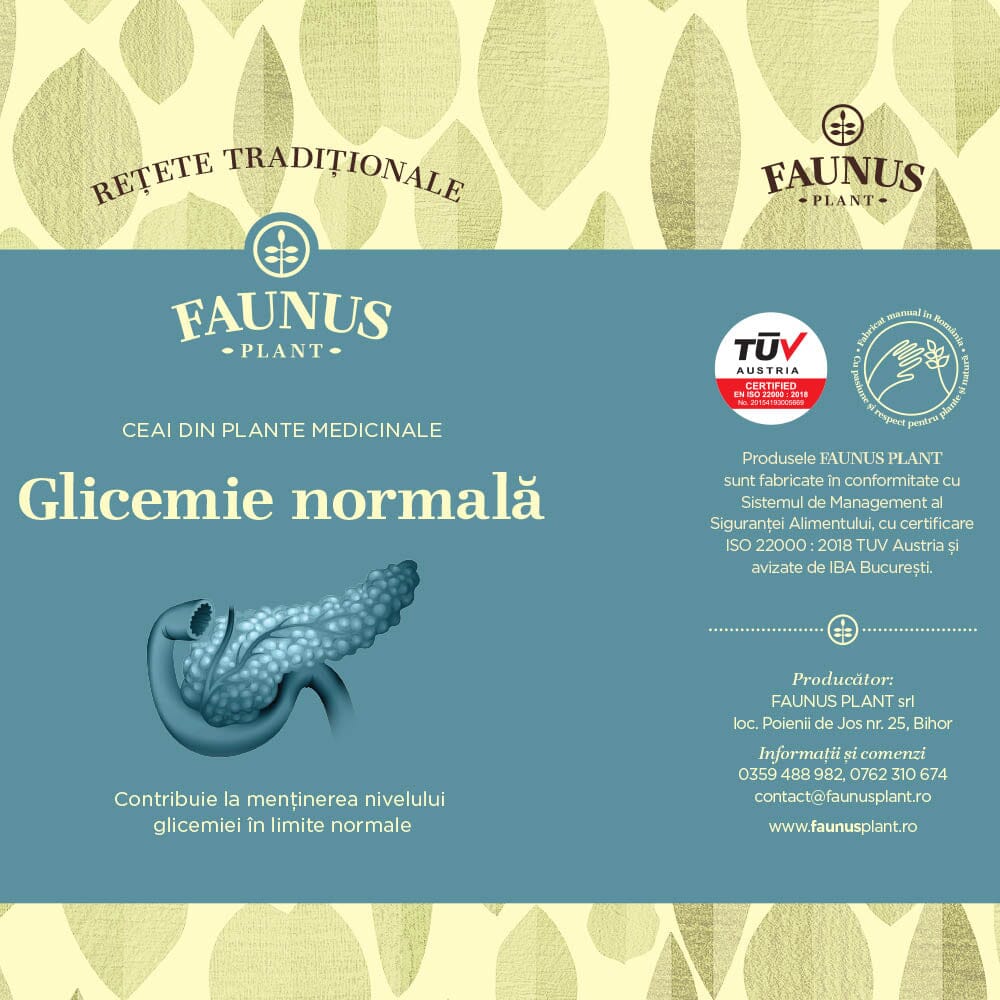 Etichetă frontală detaliată a Ceaiului Glicemie Normala 180g de la Faunus Plant, incluzând sigla TÜV Austria și logo-ul Faunus Plant.