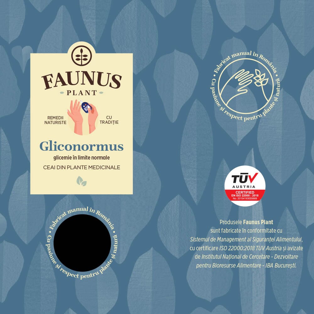 Etichetă desfășurată a Ceaiului Gliconormus 90g de la Faunus Plant, vedere față, cu logo-ul Faunus Plant și sigla TÜV Austria, certificând produsul ca fiind realizat manual și conform standardelor de siguranță alimentară.