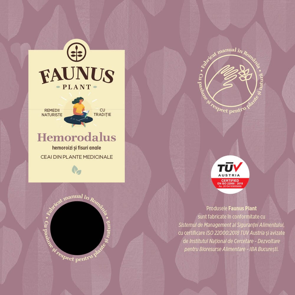 Etichetă frontală desfășurată a Ceaiului Hemorodalus 90g de la Faunus Plant, evidențiind ambalajul eco și procesul de fabricație manuală în România, alături de certificarea TÜV Austria pentru siguranță alimentară.
