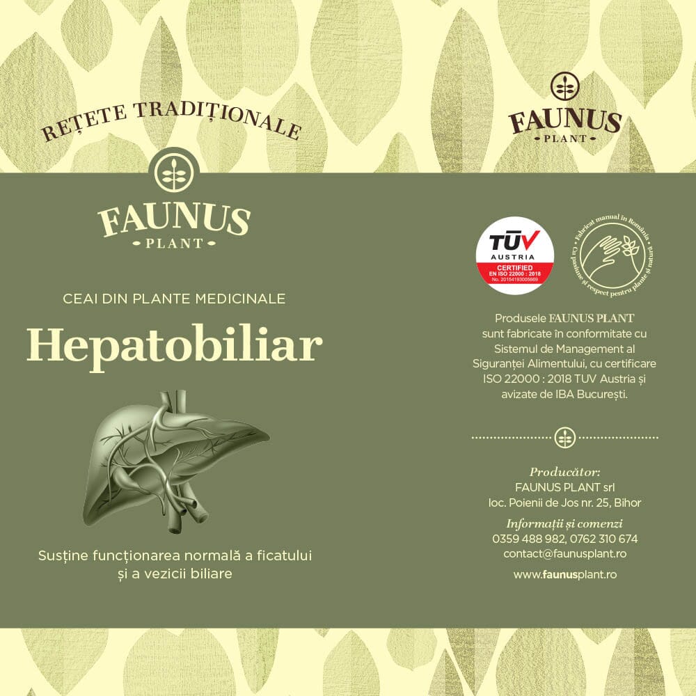 Partea frontală a etichetei desfășurate a Ceaiului Hepatobiliar 180g de la Faunus Plant, cu informații despre producător, certificare TÜV Austria și logo-ul Faunus Plant. Design verde cu motive vegetale.