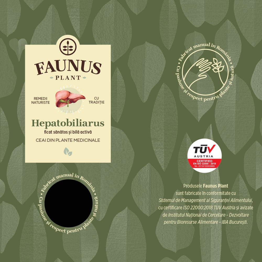 Eticheta frontală desfășurată a cutiei de Ceai Hepatobiliarus, cu ilustrația ficatului, logoul Faunus Plant și certificarea TÜV Austria, subliniind fabricarea manuală în România și respectul pentru natură.