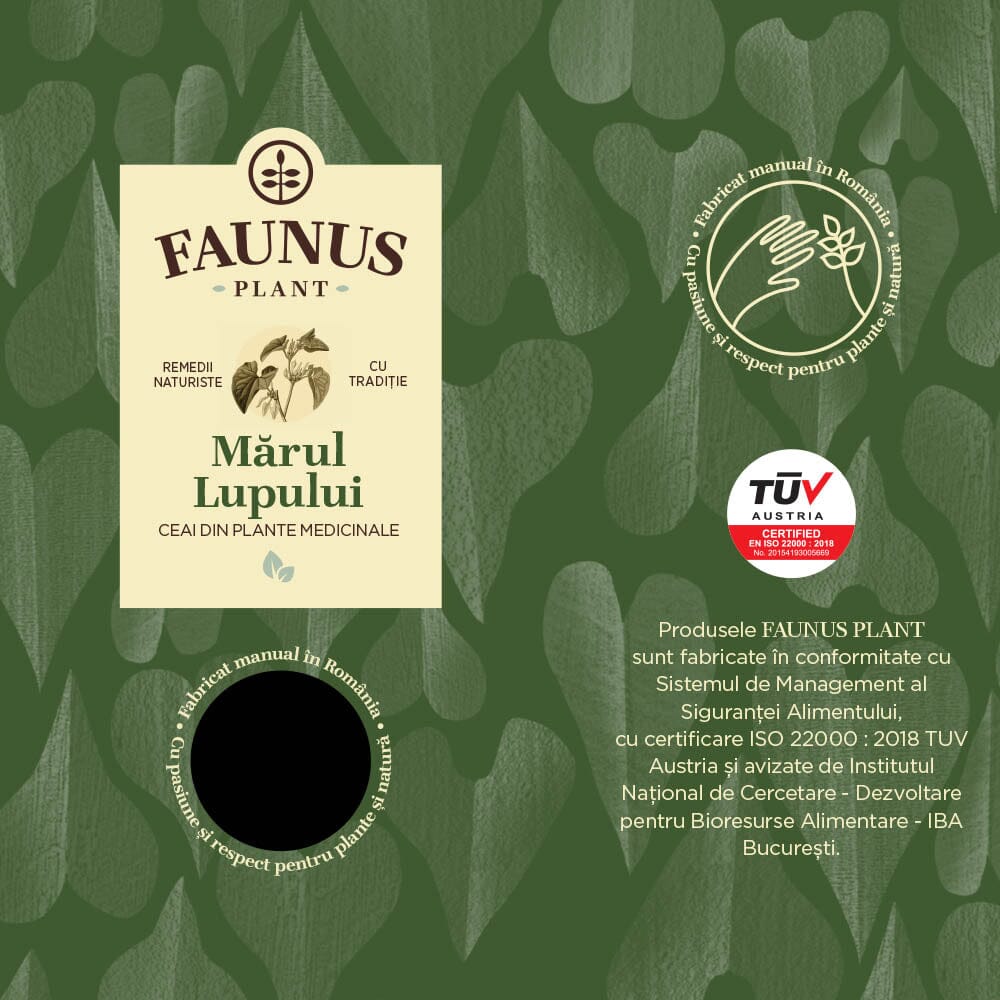 Eticheta desfășurată față pentru Ceaiul "Mărul Lupului" de la Faunus Plant, cu logo-ul Faunus Plant, sigla TÜV Austria și textul "Fabricat manual în România; cu pasiune și respect pentru plante și natură".