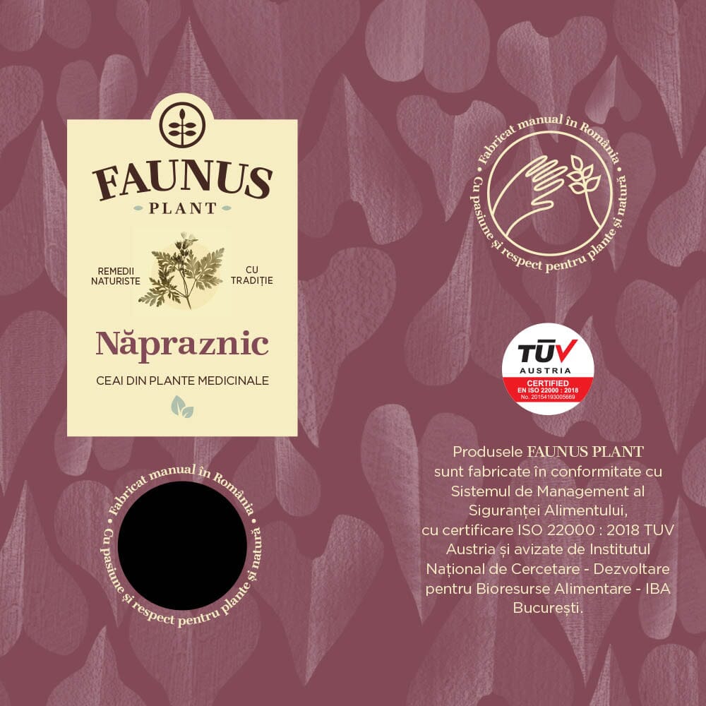 Eticheta desfășurată față a cutiei de Ceai Năpraznic 90g de la Faunus Plant, cu logo-ul Faunus Plant și ilustrația plantei Năpraznic, într-un design violet, împreună cu certificarea TÜV Austria pentru calitate și siguranță.
