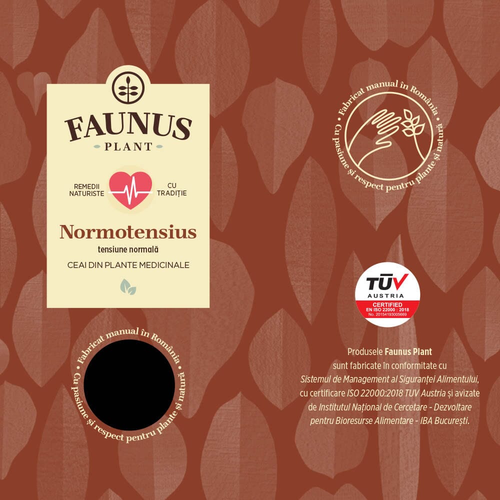 Eticheta desfășurată față pentru Ceaiului "Normotensius" de la Faunus Plant, cu logo-ul și certificarea TÜV Austria, indicând produsul ca fiind fabricat manual în România.