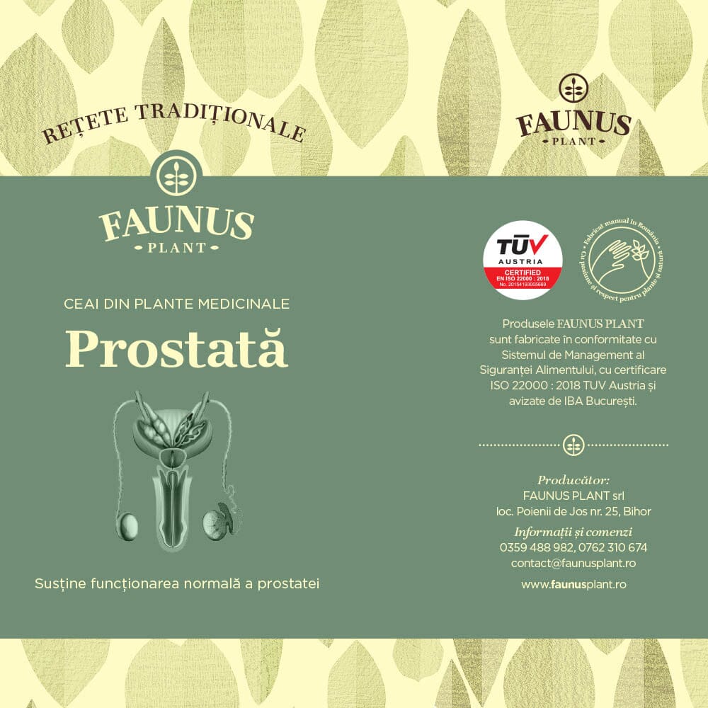 Eticheta desfășurată față a Ceaiului Prostată 180g de la Faunus Plant, cu sigla Faunus Plant, certificarea TÜV Austria și detalii producător.