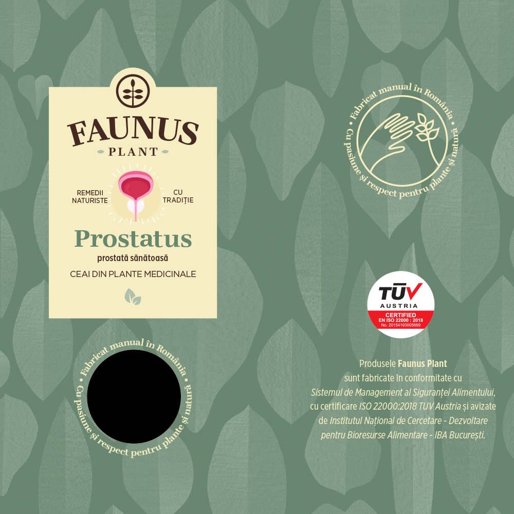 Eticheta desfășurată față pentru Ceaiul Prostatus, cu design specific Faunus Plant, logo-ul, certificarea TÜV Austria și mesajul „Fabricat manual în România”.