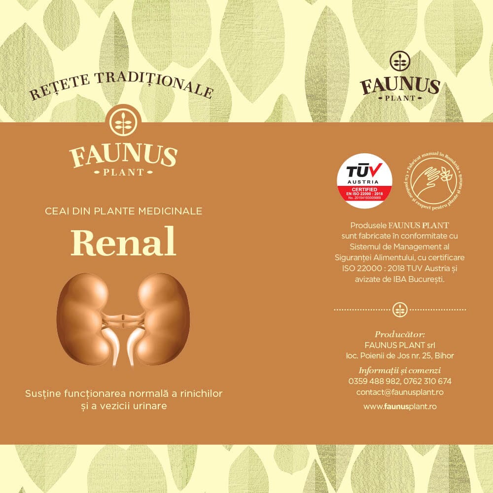 Eticheta desfășurată a părții frontale a ambalajului Ceaiului Renal de la Faunus Plant, cu detalii despre certificarea TUV Austria și garanția produsului 100% natural, obținut manual.