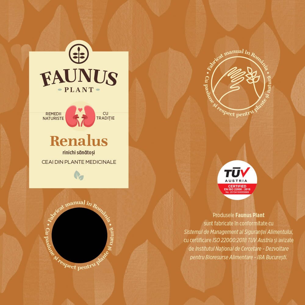 Eticheta desfășurată față pentru Ceaiul Renalus 90g de la Faunus Plant, cu design specific, ilustrație de rinichi și sigla TÜV Austria, evidențiind autenticitatea și calitatea produsului.