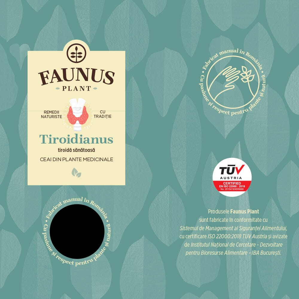 Eticheta desfășurată față a Ceaiului Tiroidianus 90g de la Faunus Plant, cu design verde și logo-ul Faunus Plant, precum și detalii despre autenticitatea produsului.