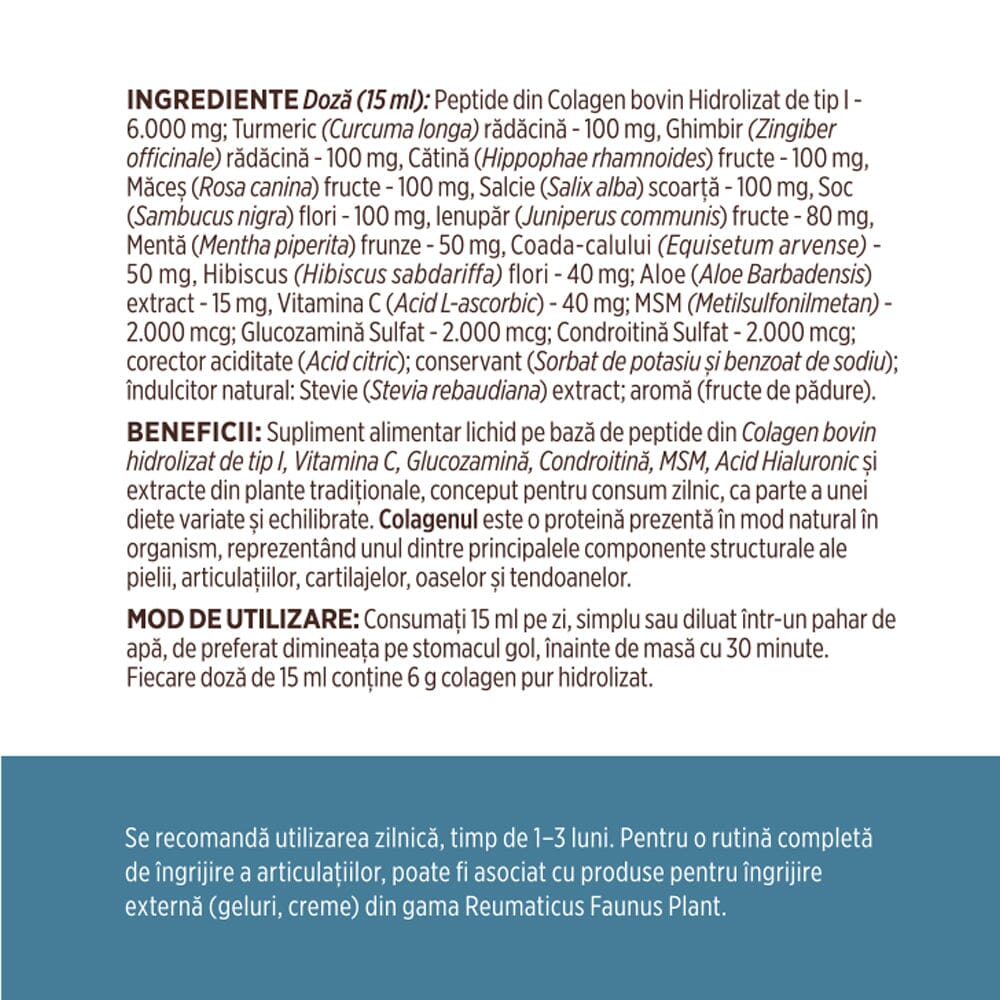 Colagenus Articulații - Colagen lichid. Flacon 500ml. Susține sănătatea articulațiilor, mușchilor și ligamentelor. Reduce durerile reumatice Supliment alimentar Faunus Plant