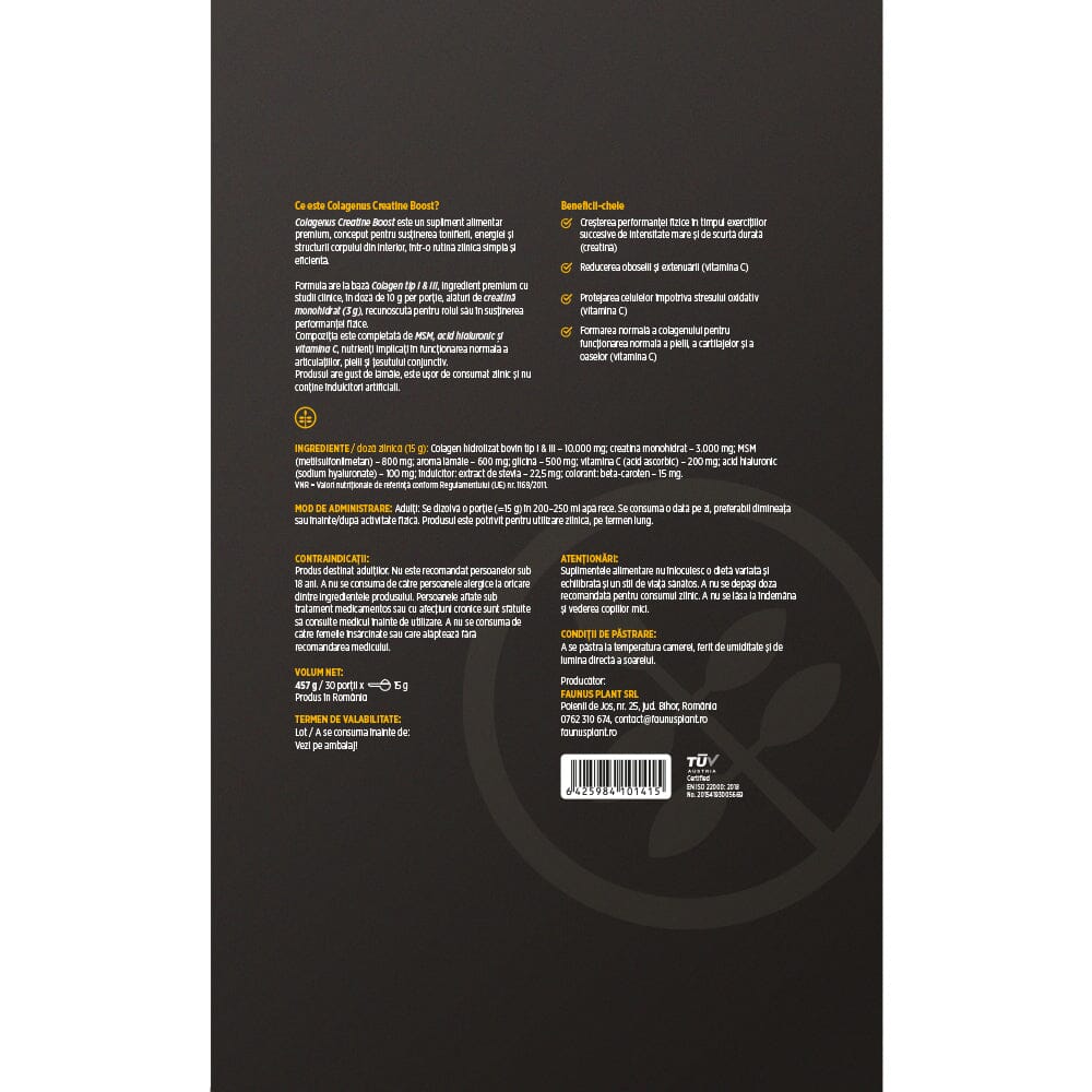 Colagenus Creatine Boost – Colagen pudră cu acid hialuronic și creatină. Colagen tip 1 și 3 pentru masa musculară, articulații sănătoase și piele hidratată. Pudră 450g Pudra Faunus Plant