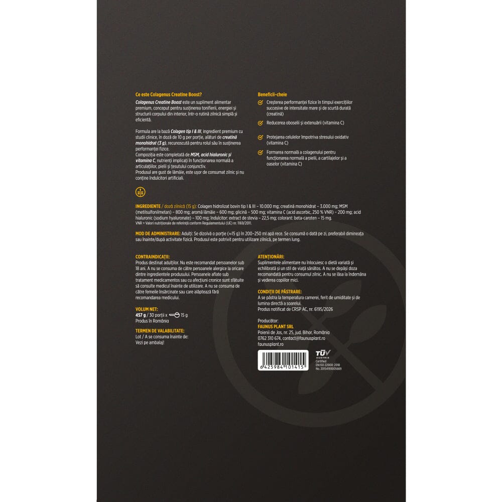 Colagenus Creatine Boost – Colagen pudră cu acid hialuronic și creatină. Colagen tip 1 și 3 pentru masa musculară, articulații sănătoase și piele hidratată. Pudră 450g Supliment alimentar Faunus Plant