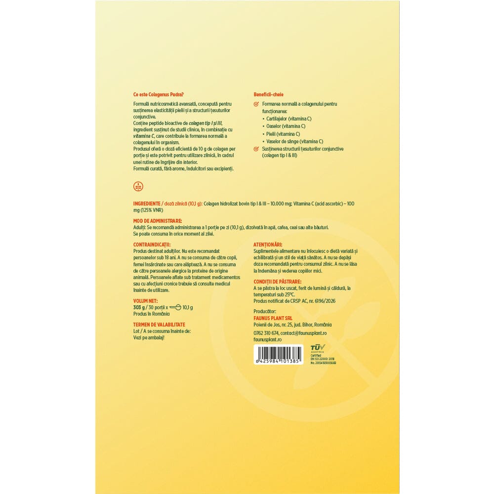 Colagenus Pudră - Colagen hidrolizat concentrat. 10.000 mg tip 1 și tip 3 cu vitamina C. Susține sănătatea articulațiilor, pielii și oaselor. Pudră 303g Supliment alimentar Faunus Plant