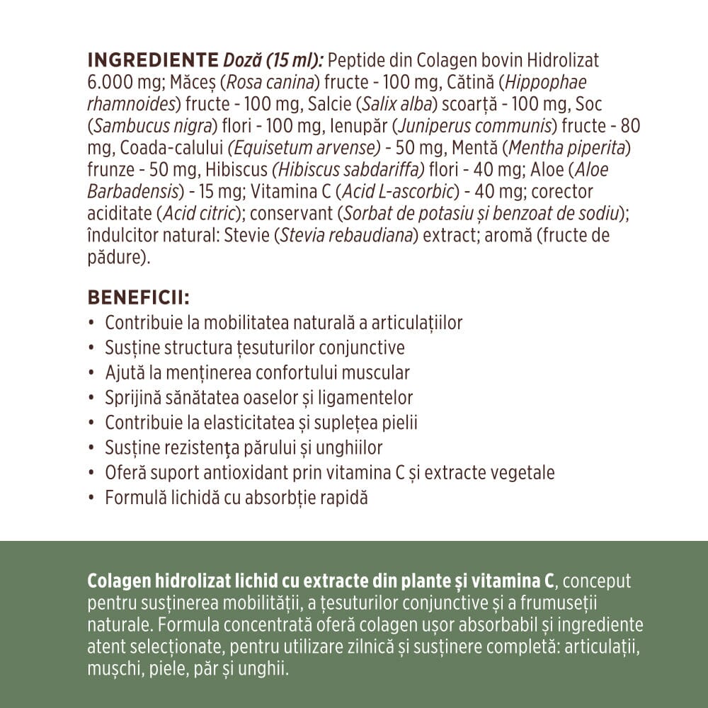 Colagenus - Colagen lichid hidrolizat. Flacon 500ml. Susține sănătatea articulațiilor, pielii, părului și unghiilor Supliment alimentar Faunus Plant