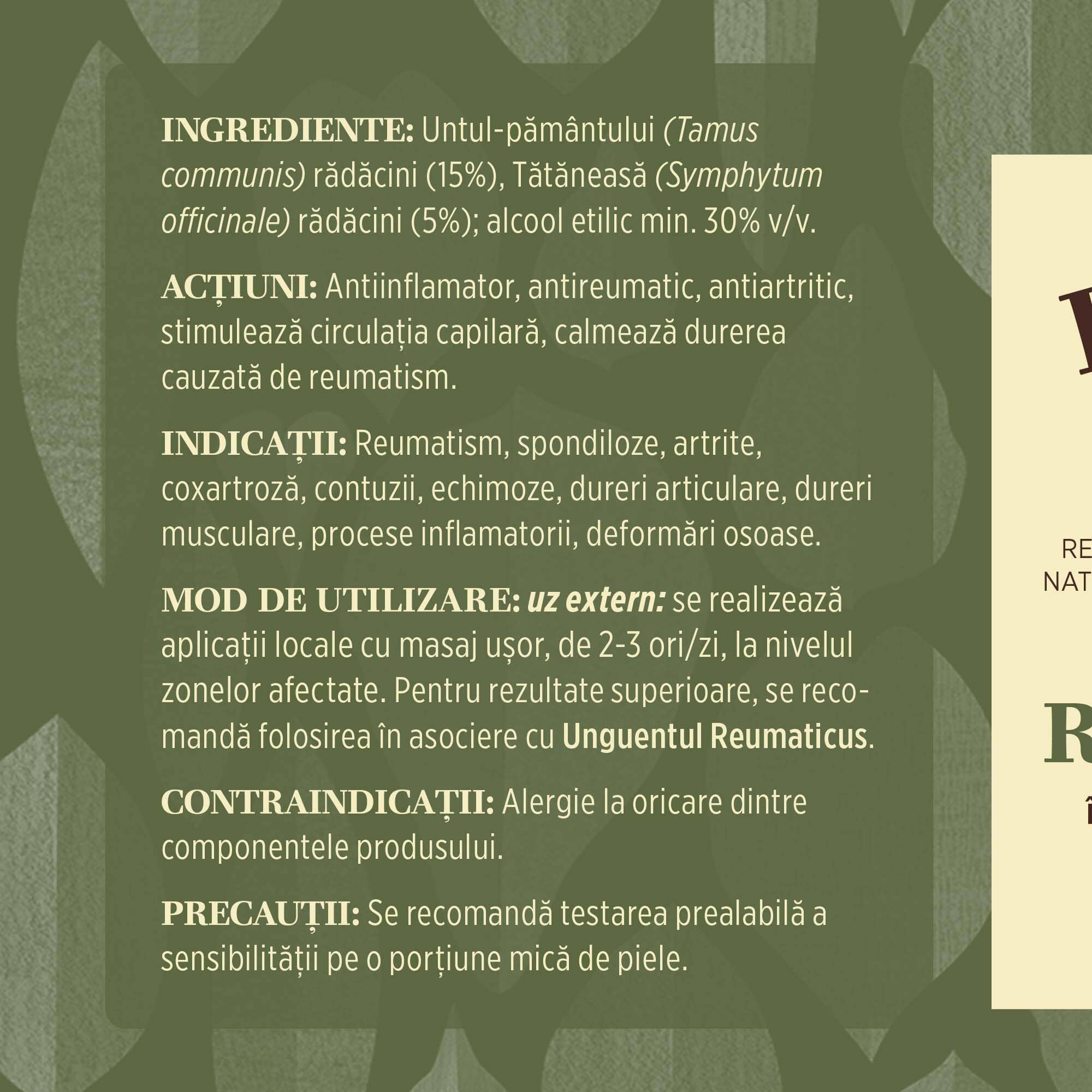 Eticheta laterală stânga a flaconului loțiunii Reumaticus 200ml de la Faunus Plant, care prezintă ingredientele active precum untul-pământului și tătăneasa, alături de indicații terapeutice pentru dureri reumatice și articulare.