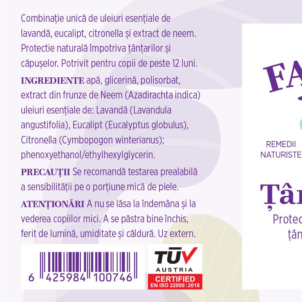 Țânțaricus - Loțiune. Flacon 100ml. Extract din ingrediente naturale pentru protejarea pielii de țânțari și căpușe Lotiune Faunus Plant