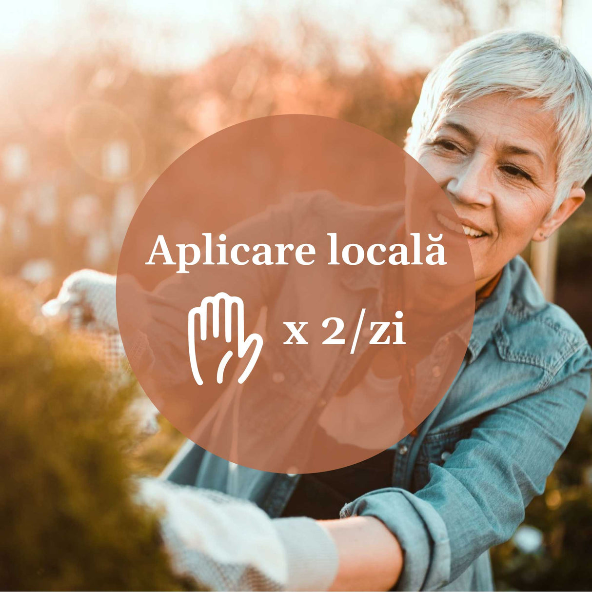 Imagine ce prezintă o femeie zâmbitoare în natură, cu text suprapus: Aplicare locală x 2/zi. Recomandare de utilizare a Unguentului Arnica 50ml pentru zonele afectate de dureri articulare sau musculare.