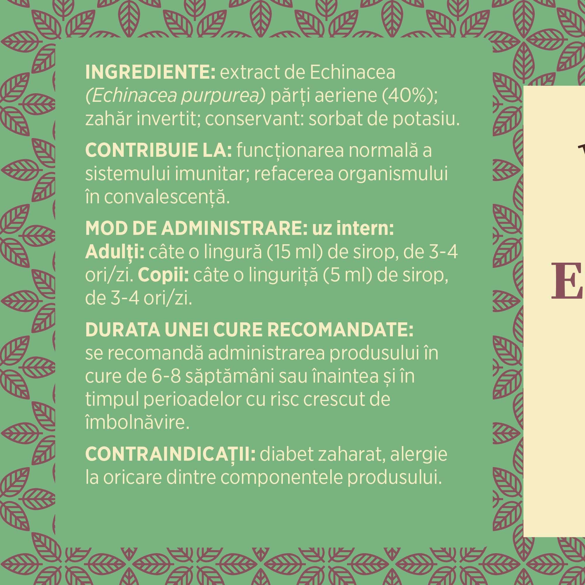 Eticheta desfășurată stânga cu ingredientele Siropului Echinacea 500ml de la Faunus Plant, mod de administrare, durata unei cure recomandate și contraindicații pentru utilizatori.