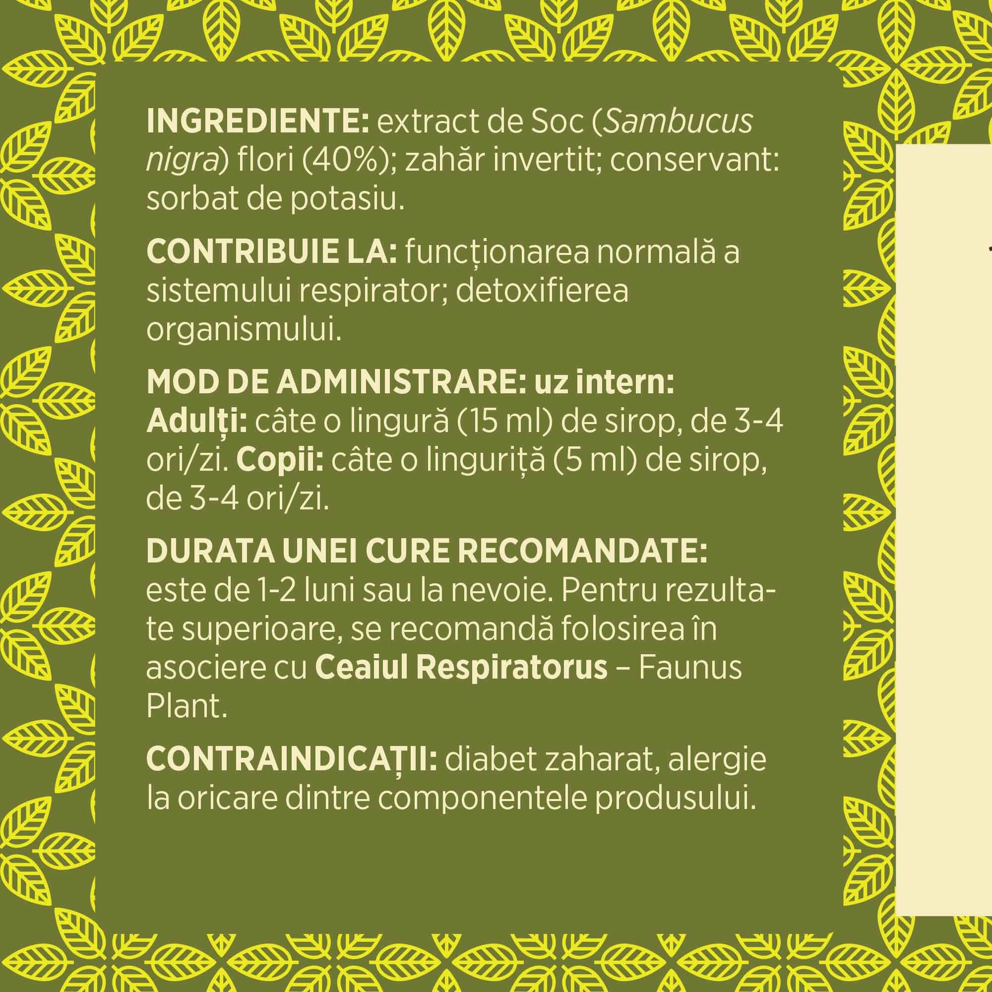 Eticheta desfășurată stânga cu ingredientele Siropului de Soc de 500 ml, mod de administrare, durata unei cure recomandate și contraindicații pentru utilizatori.