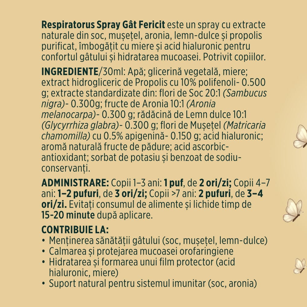 Respiratorus Gât Fericit - Spray de gât copii cu extracte naturale, propolis și miere. Efect calmant și hidratant. Flacon 30 ml Sprayuri Faunus Plant