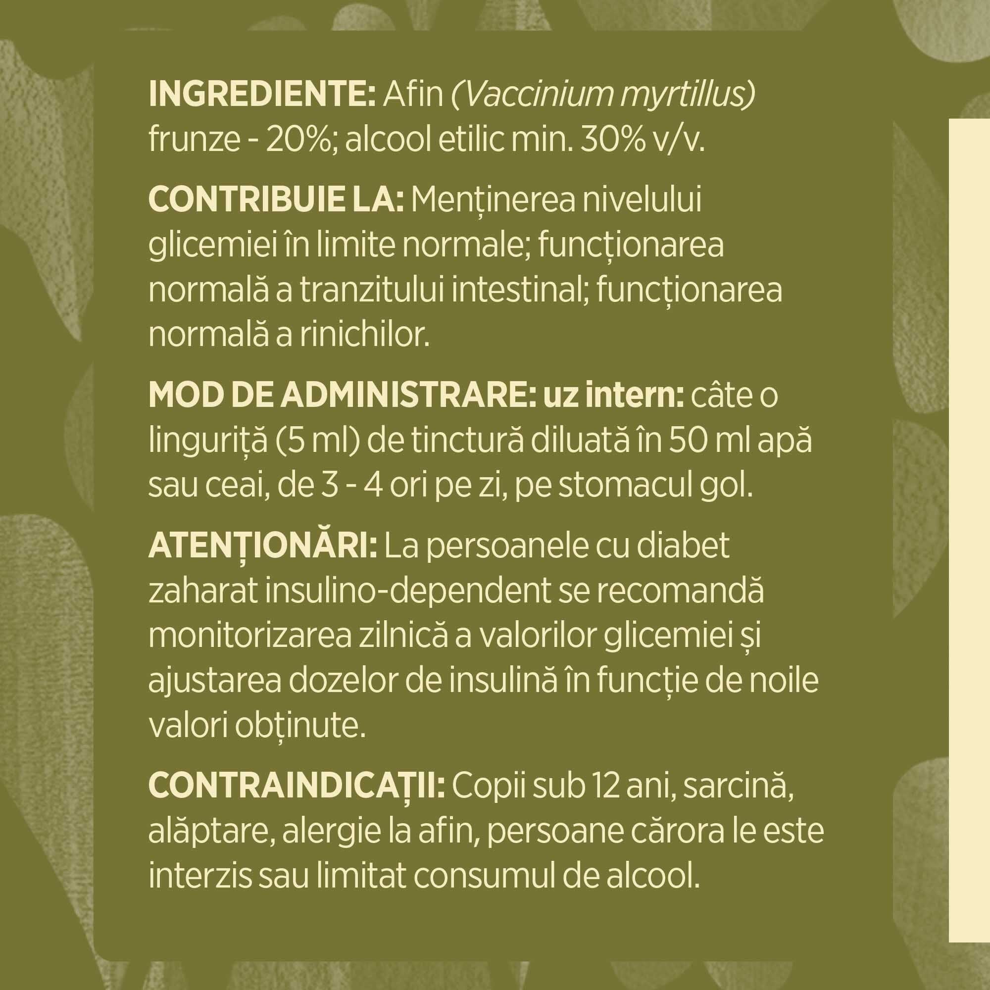 Eticheta desfășurată stânga cu ingredientele Tinctura Afin 500 ml de la Faunus Plant, mod de administrare, atenționări și contraindicații pentru utilizatori.