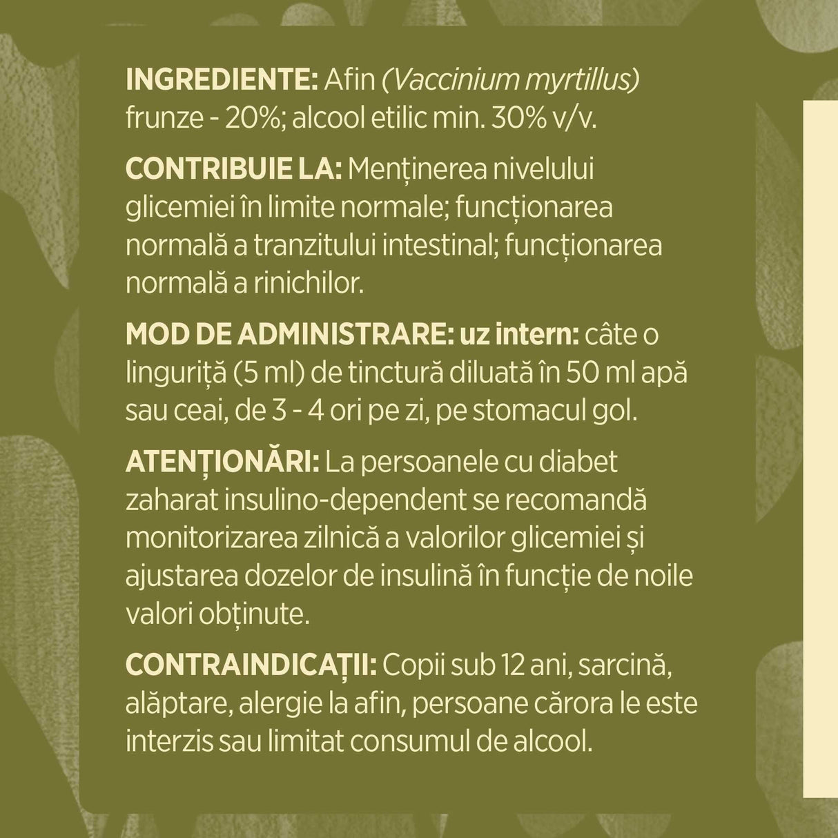 Eticheta desfășurată stânga cu ingredientele Tinctura Afin 500 ml de la Faunus Plant, mod de administrare, atenționări și contraindicații pentru utilizatori.