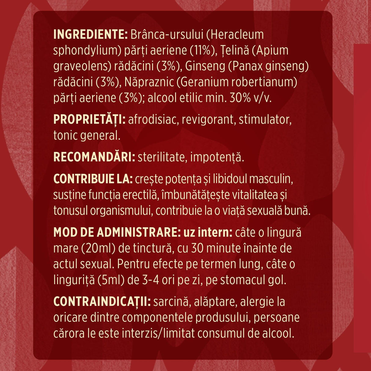 Eticheta desfășurată stânga cu ingredientele Tinctura Afrodisiacus 200 ml de la Faunus Plant, ingrediente, proprietăți, recomandări, mod de administrare și contraindicații pentru utilizatori.