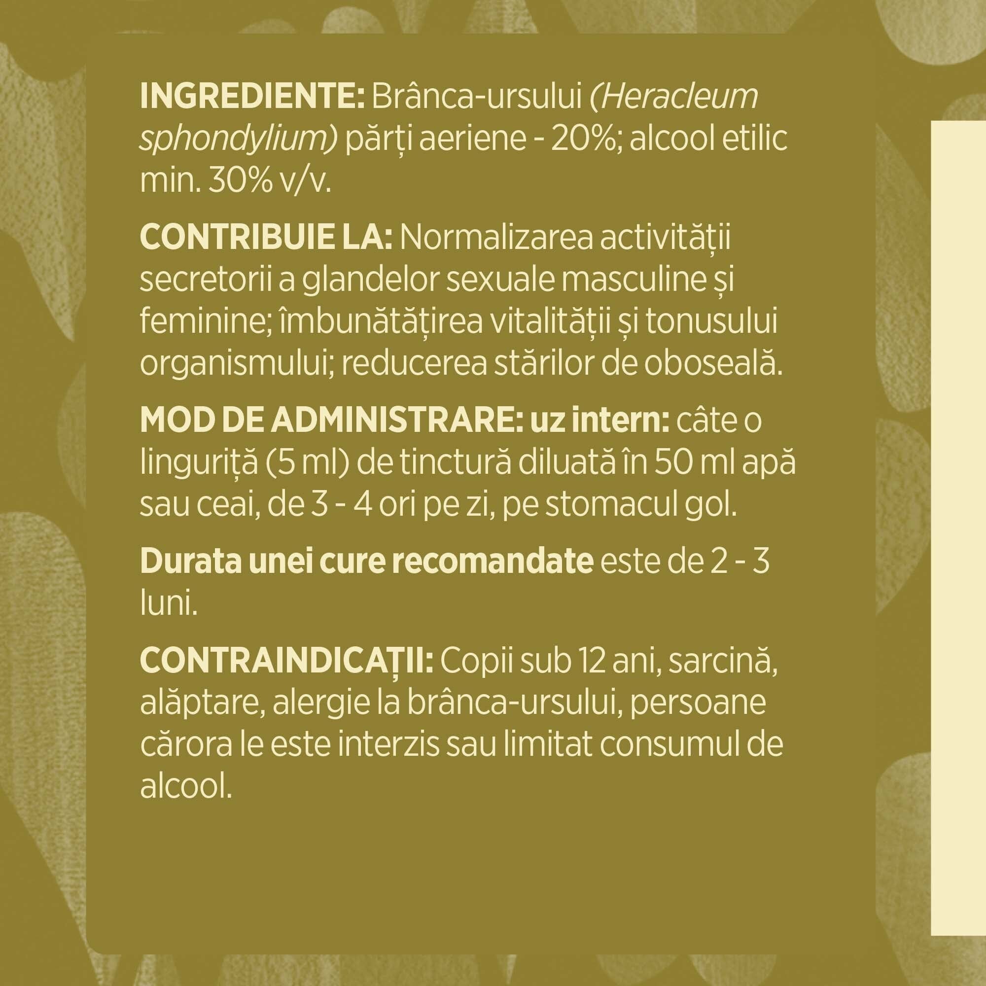 Eticheta desfășurată stânga cu ingredientele Tinctura Brânca Ursului 500 ml de la Faunus Plant, ingrediente, proprietăți, recomandări, mod de administrare, contraindicații și precauții pentru utilizatori.