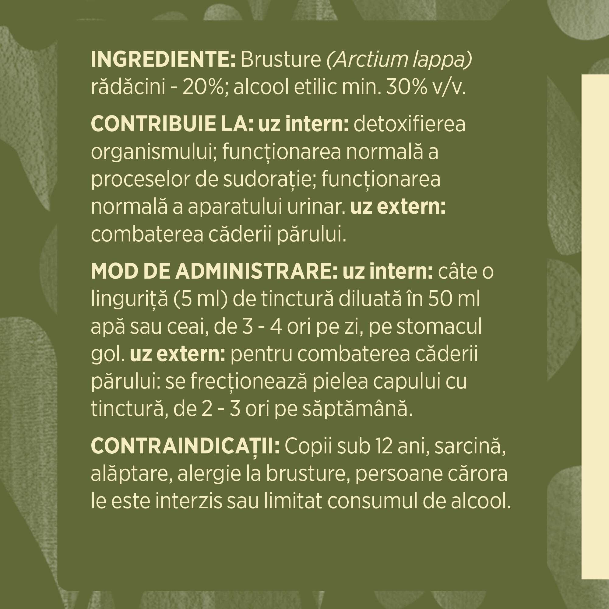 Eticheta desfășurată stânga cu ingredientele Tinctură Brusture 200 ml de la Faunus Plant, ingrediente, proprietăți, recomandări, mod de administrare, contraindicații și precauții pentru utilizatori.