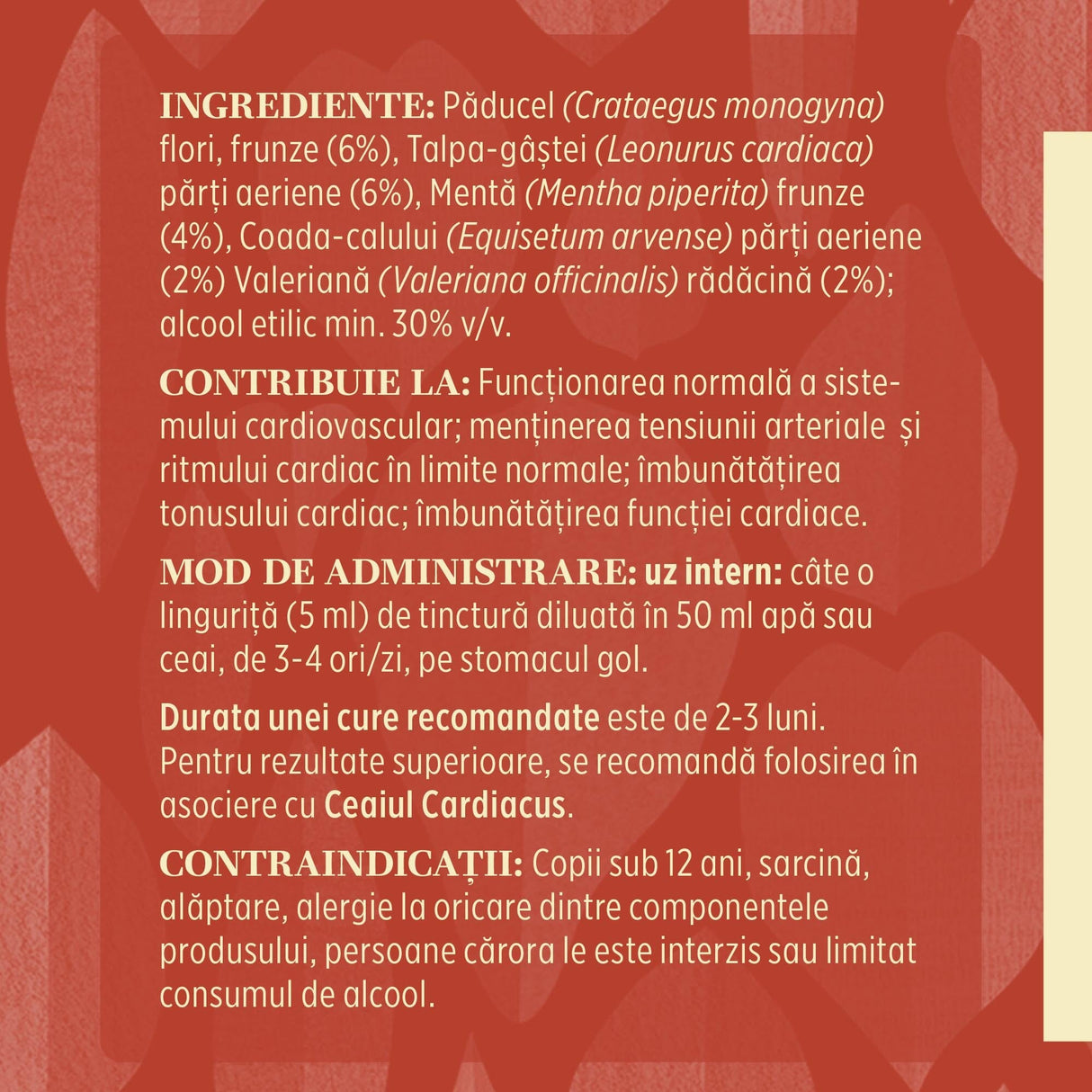 Eticheta desfășurată stânga cu ingredientele Tinctură Cardiacus 200 ml de la Faunus Plant, ingrediente, proprietăți ,recomandări, mod de administrare, contraindicații și precauții pentru utilizatori.