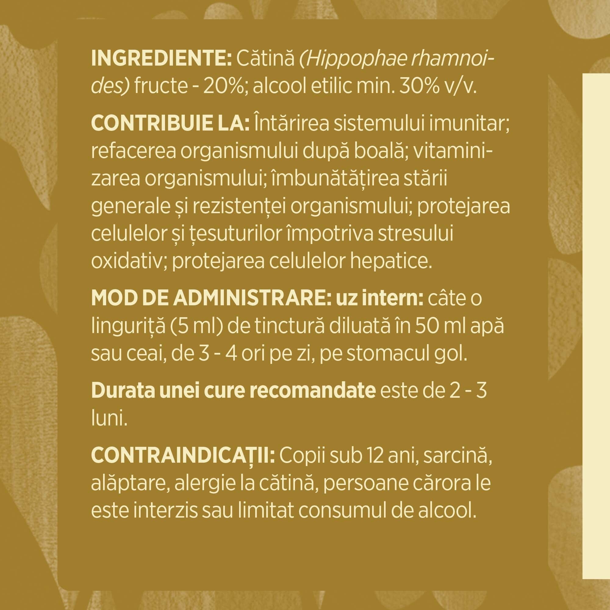 Eticheta desfășurată stânga cu ingredientele Tinctură Cătină 500 ml de la Faunus Plant, ingrediente, proprietăți,recomandări, mod de administrare, durata unei cure recomandate, contraindicații și precauții pentru utilizatori.