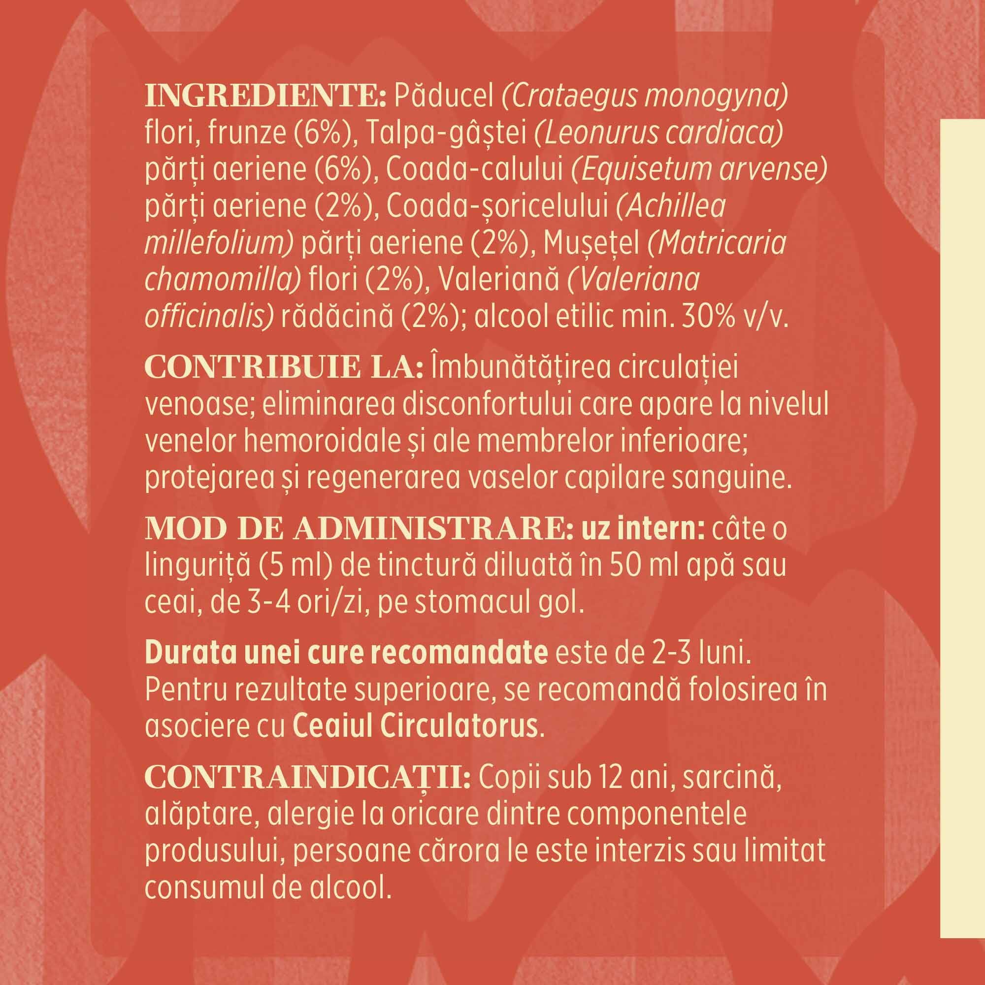 Eticheta desfășurată stânga cu ingredientele Tinctură Circulatorus 500 ml de la Faunus Plant, ingrediente, proprietăți,recomandări, mod de administrare, durata unei cure recomandate,contraindicații și precauții pentru utilizatori.