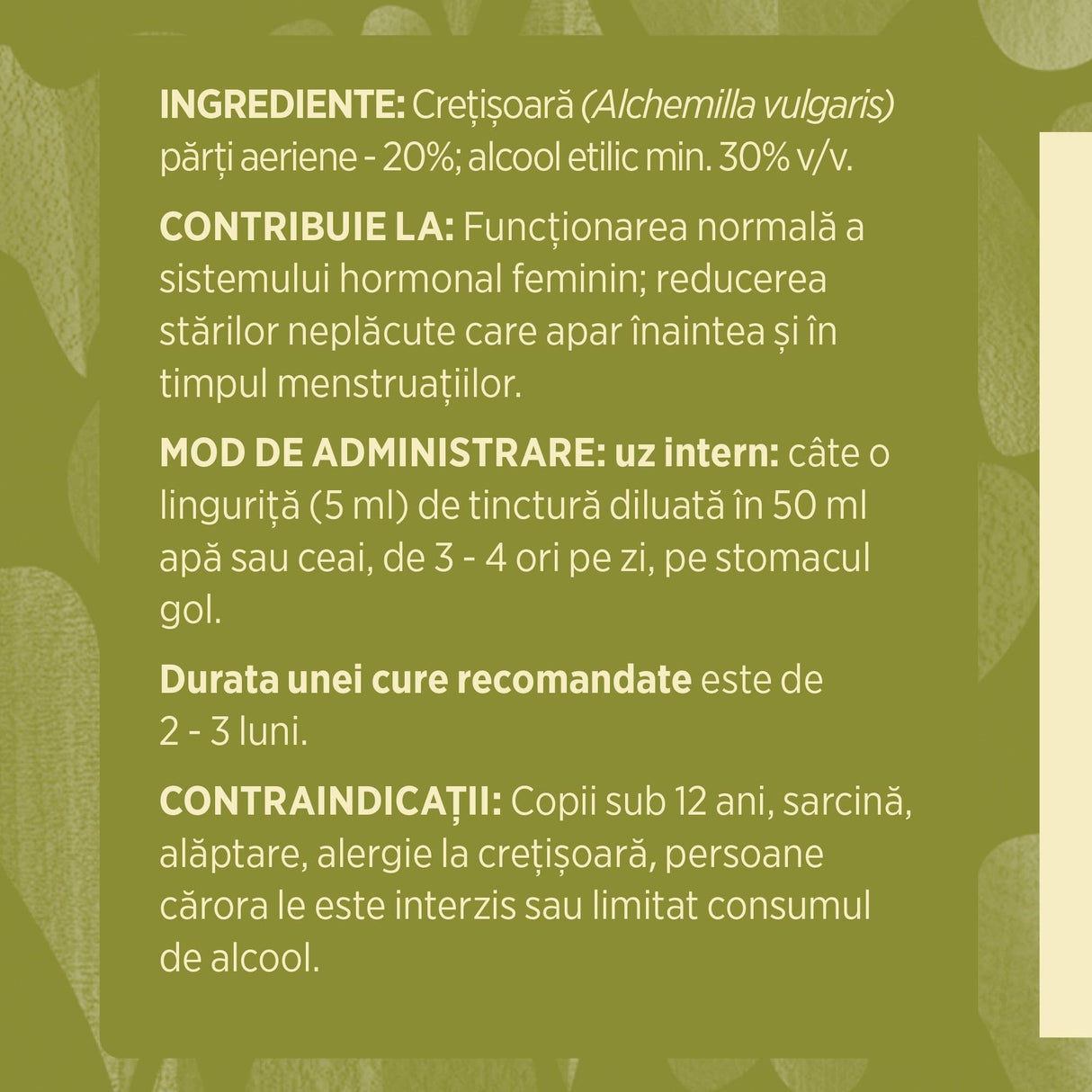 Eticheta desfășurată stânga cu ingredientele Tinctură Crețișoara 200 ml de la Faunus Plant, ingrediente, proprietăți,recomandări, mod de administrare, durata unei cure recomandate,contraindicații și precauții pentru utilizatori.