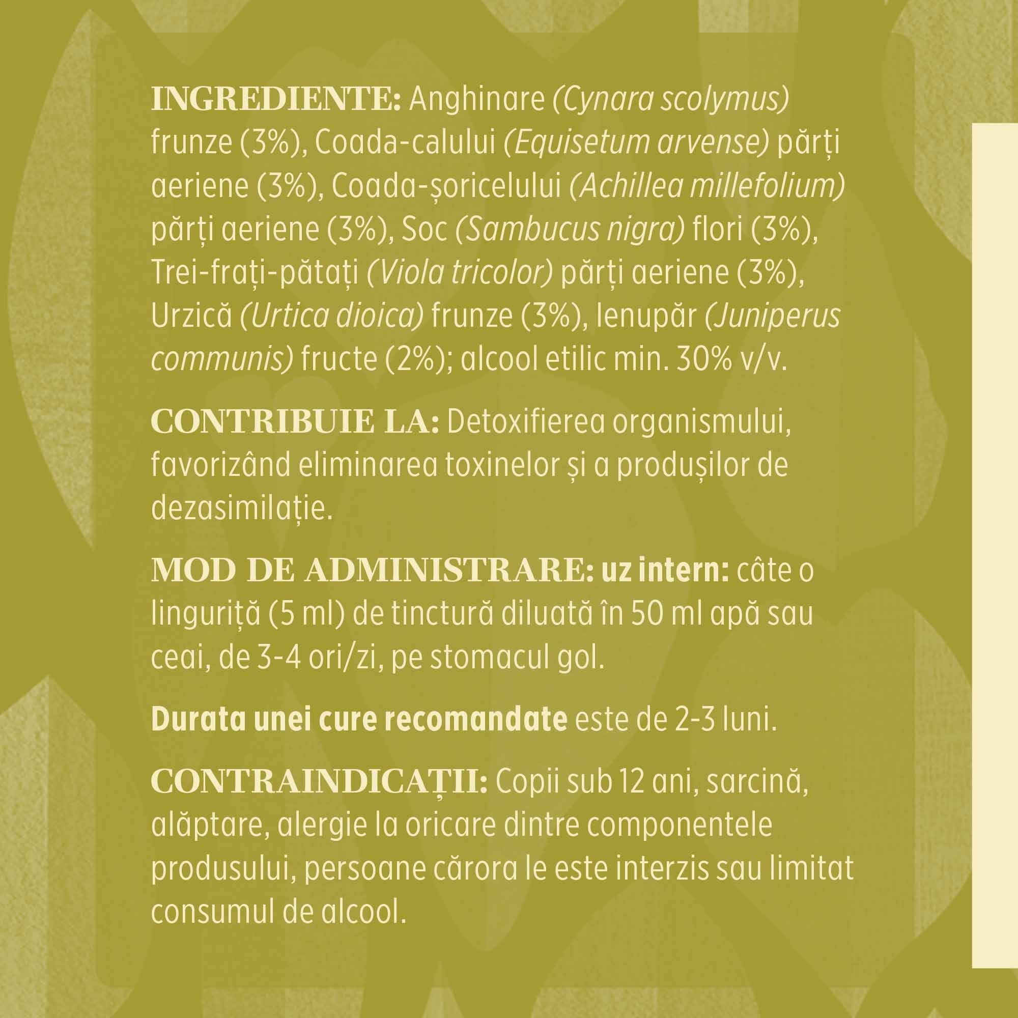 Eticheta desfășurată stânga cu ingredientele Tinctură Detoxifius 200 ml de la Faunus Plant, ingrediente, proprietăți, recomandări, mod de administrare, durata unei cure recomandate,contraindicații și precauții pentru utilizatori.