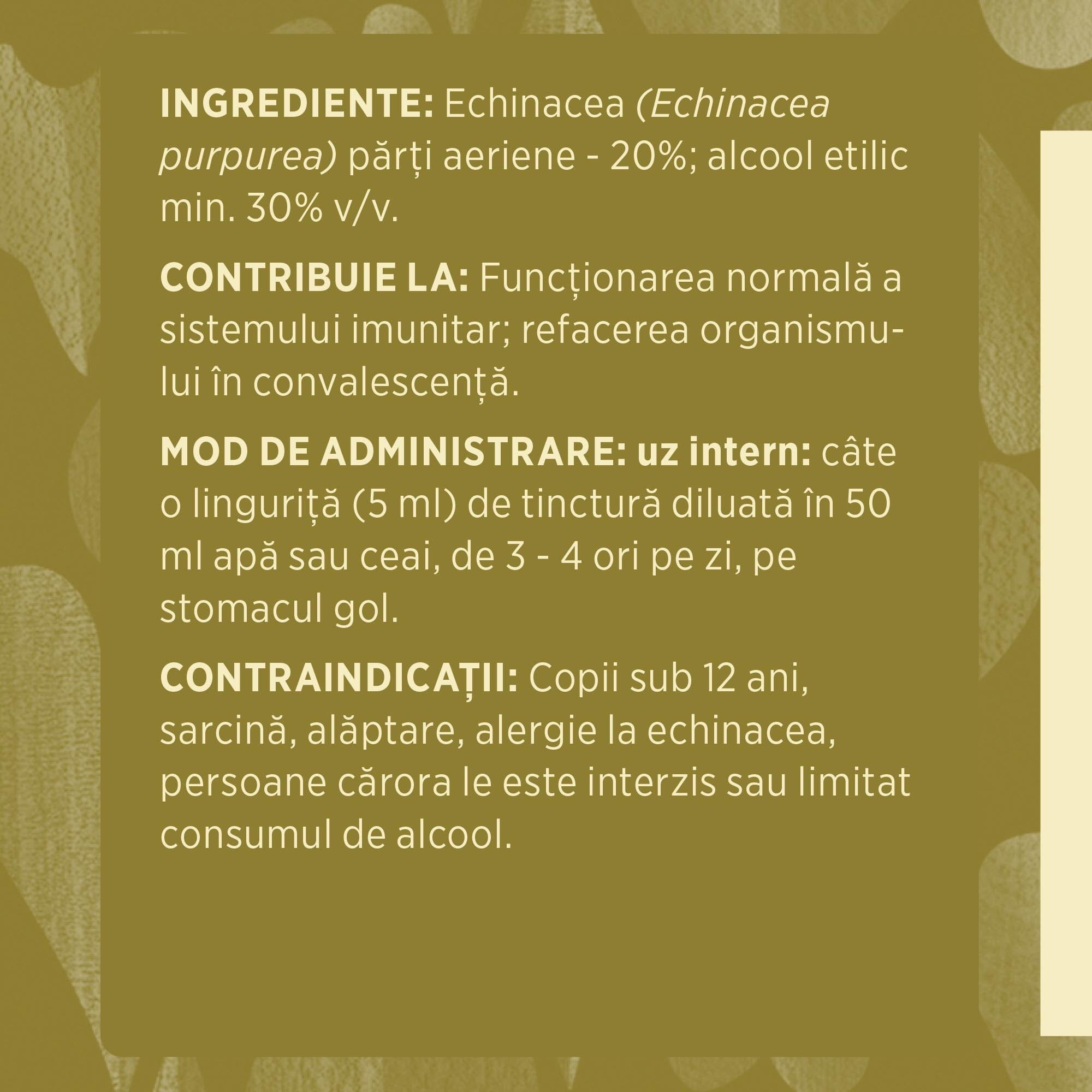 Eticheta desfășurată stânga cu ingredientele Tinctură Echinaceea 200 ml de la Faunus Plant, ingrediente, proprietăți, recomandări, mod de administrare, contraindicații și precauții pentru utilizatori.