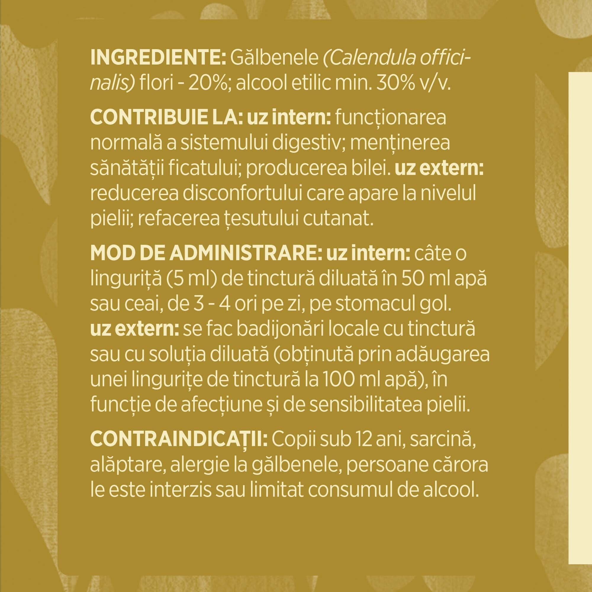 Eticheta desfășurată stânga cu ingredientele Tinctură Gălbenele 200 ml de la Faunus Plant, ingrediente, proprietăți, recomandări, mod de administrare (uz intern și uz extern), contraindicații și precauții pentru utilizatori.