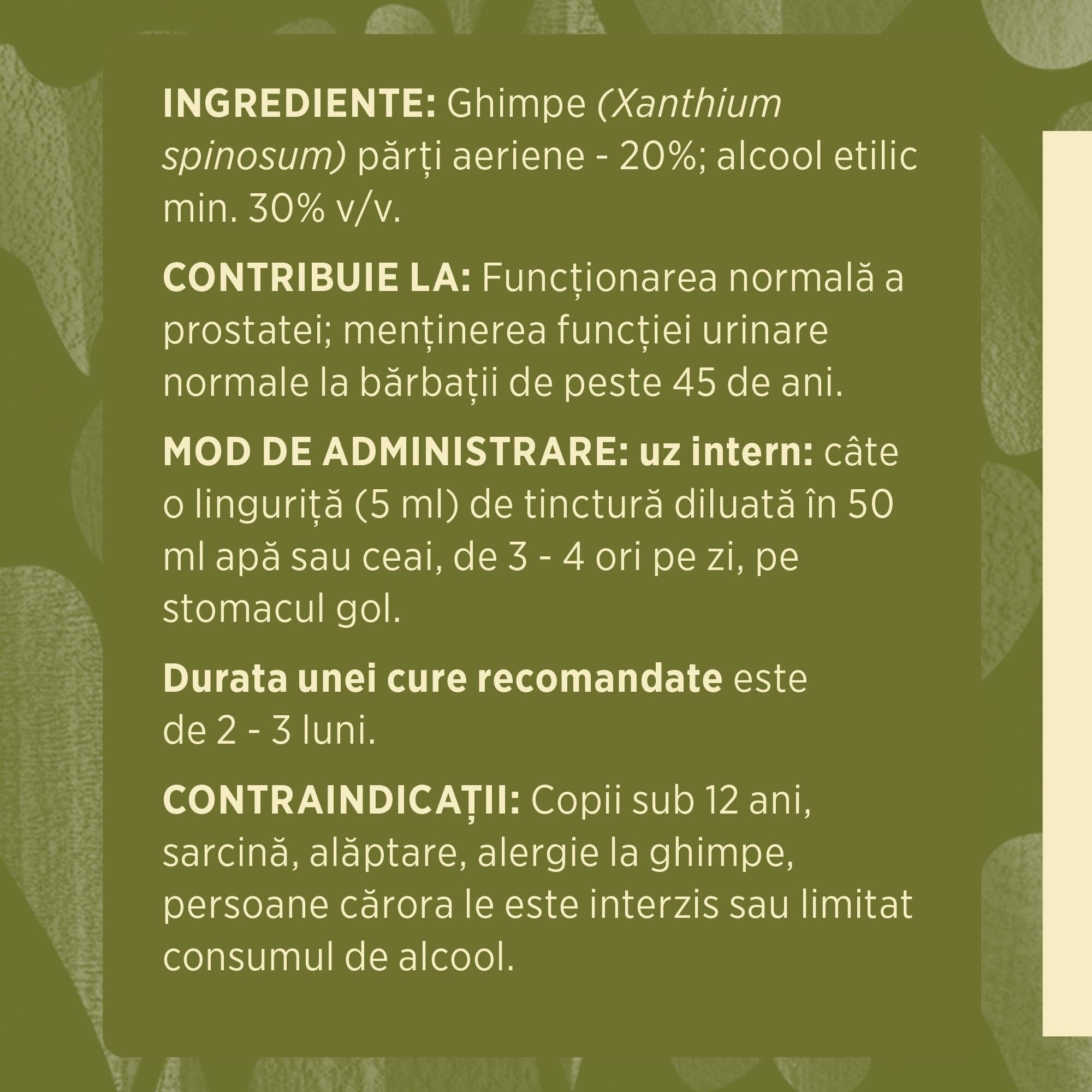 Eticheta desfășurată stânga cu ingredientele Tinctură Ghimpe 200 ml de la Faunus Plant, ingrediente, proprietăți,recomandări, mod de administrare, durata unei cure recomandate și contraindicații.