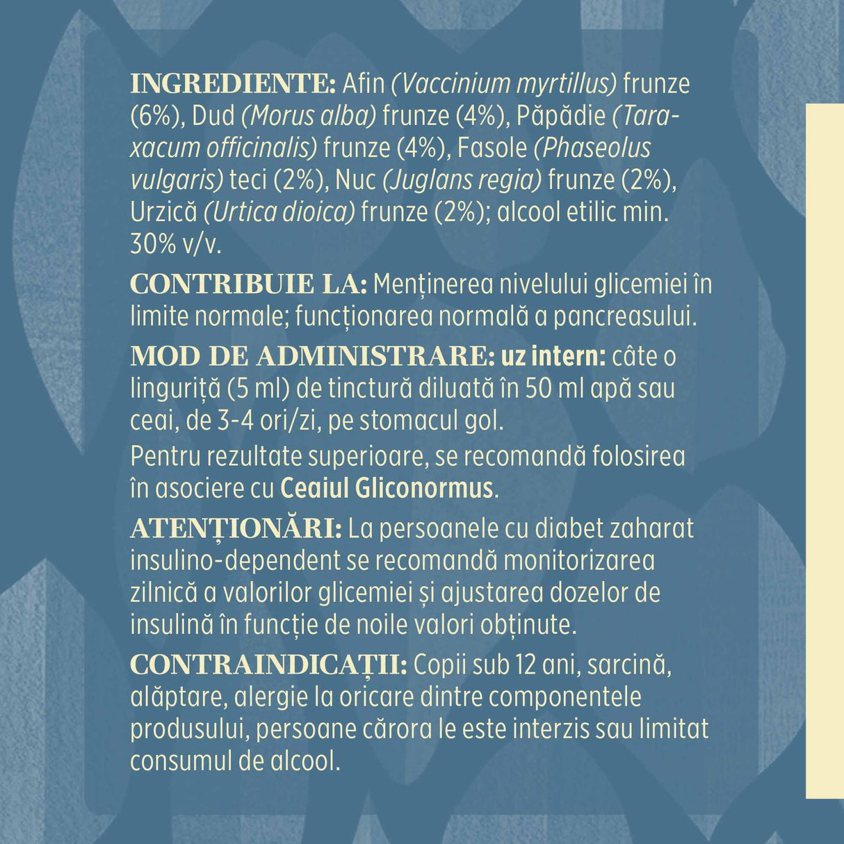 Eticheta desfășurată stânga cu ingredientele Tinctură Gliconormus 200 ml de la Faunus Plant, ingrediente, proprietăți,recomandări, mod de administrare, atenționări și contraindicații.