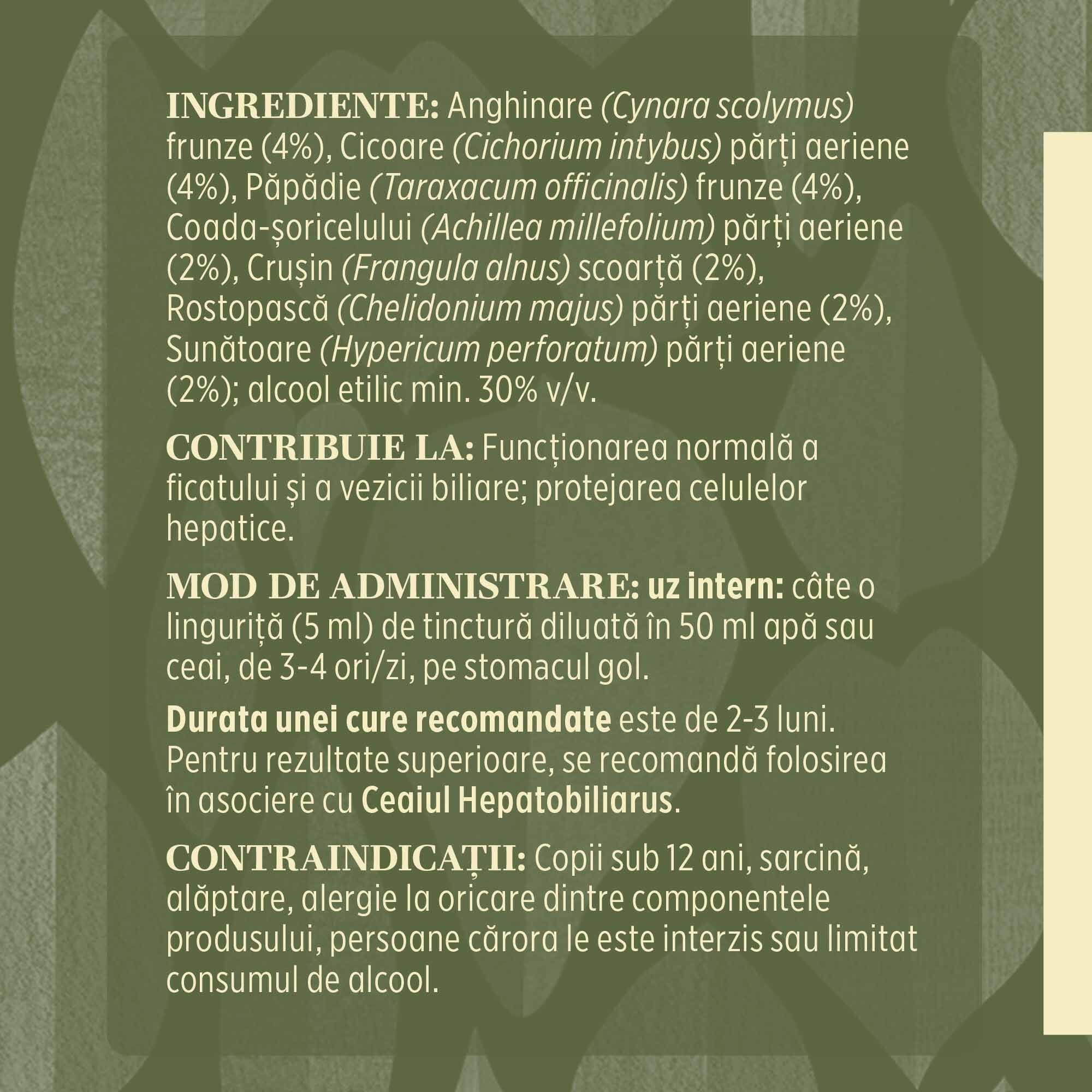 Eticheta desfășurată stânga cu ingredientele Tinctură Hepatobiliarus 200 ml de la Faunus Plant, ingrediente, proprietăți, recomandări, mod de administrare, atenționări și contraindicații.