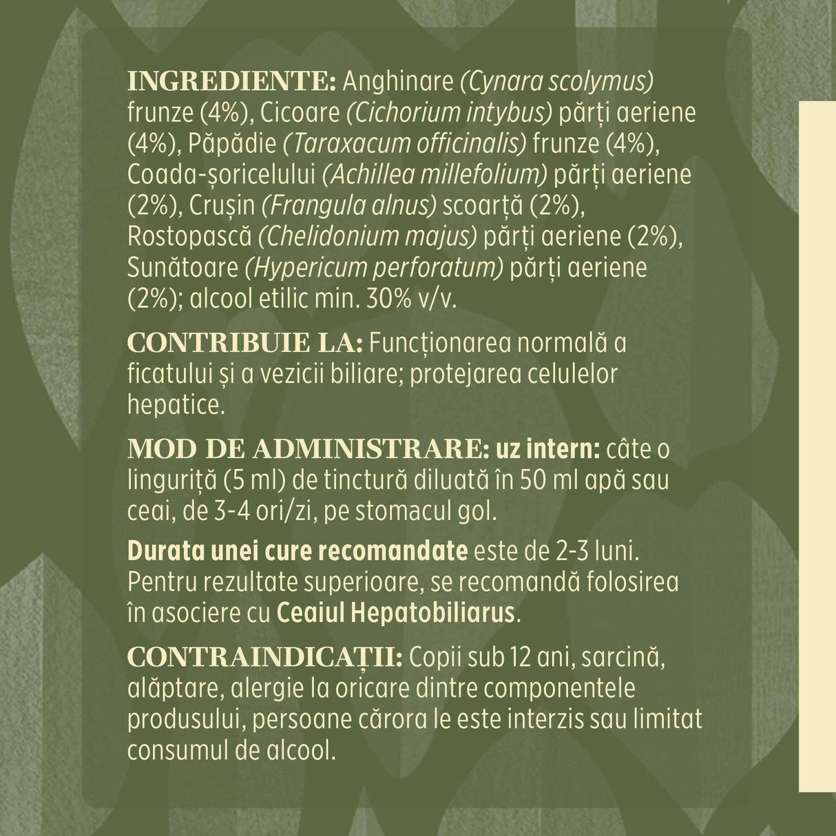 Eticheta desfășurată stânga cu ingredientele Tinctură Hepatobiliarus 200 ml de la Faunus Plant, ingrediente, proprietăți, recomandări, mod de administrare, atenționări și contraindicații.