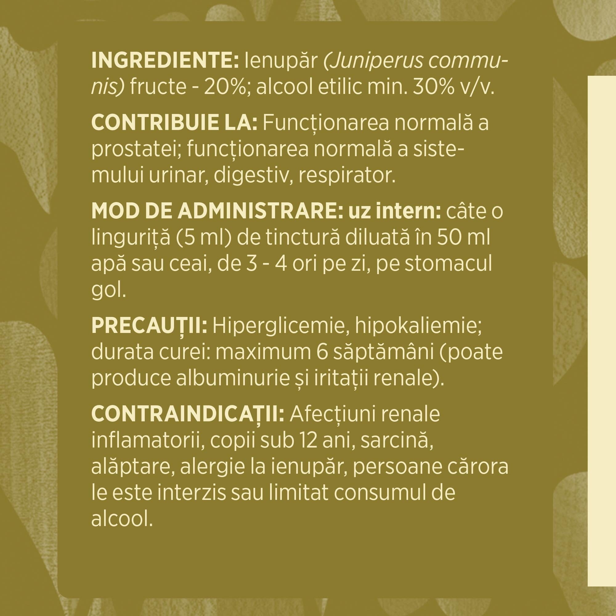 Eticheta desfășurată stânga cu ingredientele Tinctură Ienupăr 500 ml de la Faunus Plant, ingrediente, proprietăți, recomandări, mod de administrare, atenționări și contraindicații.