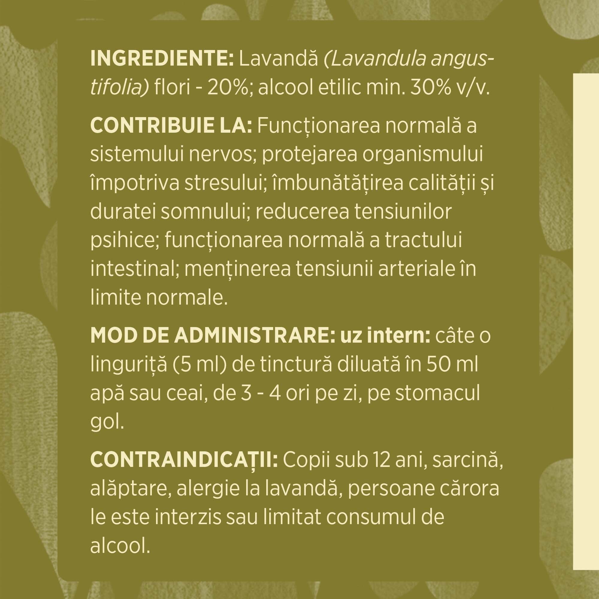 Eticheta desfășurată stânga cu ingredientele Tinctură Lavandă 200 ml de la Faunus Plant, ingrediente, proprietăți, recomandări, mod de administrare, atenționări și contraindicații.